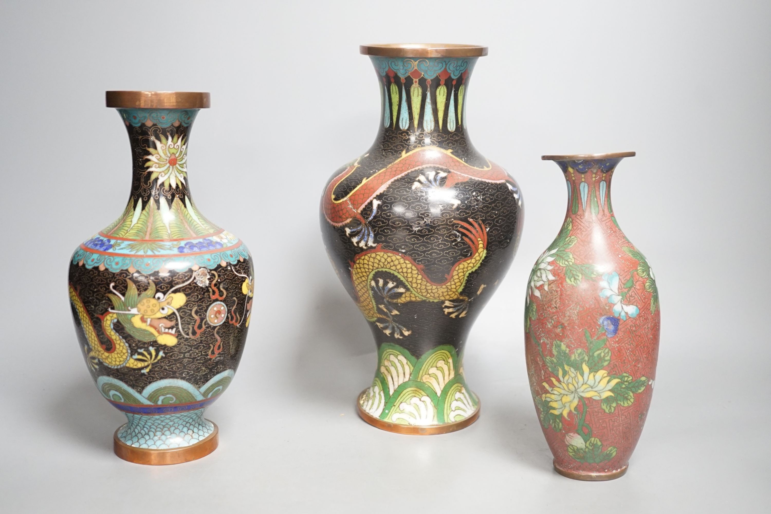 Three Chinese cloisonné enamel vases and a tantric figure of Buddha, tallest 26cm